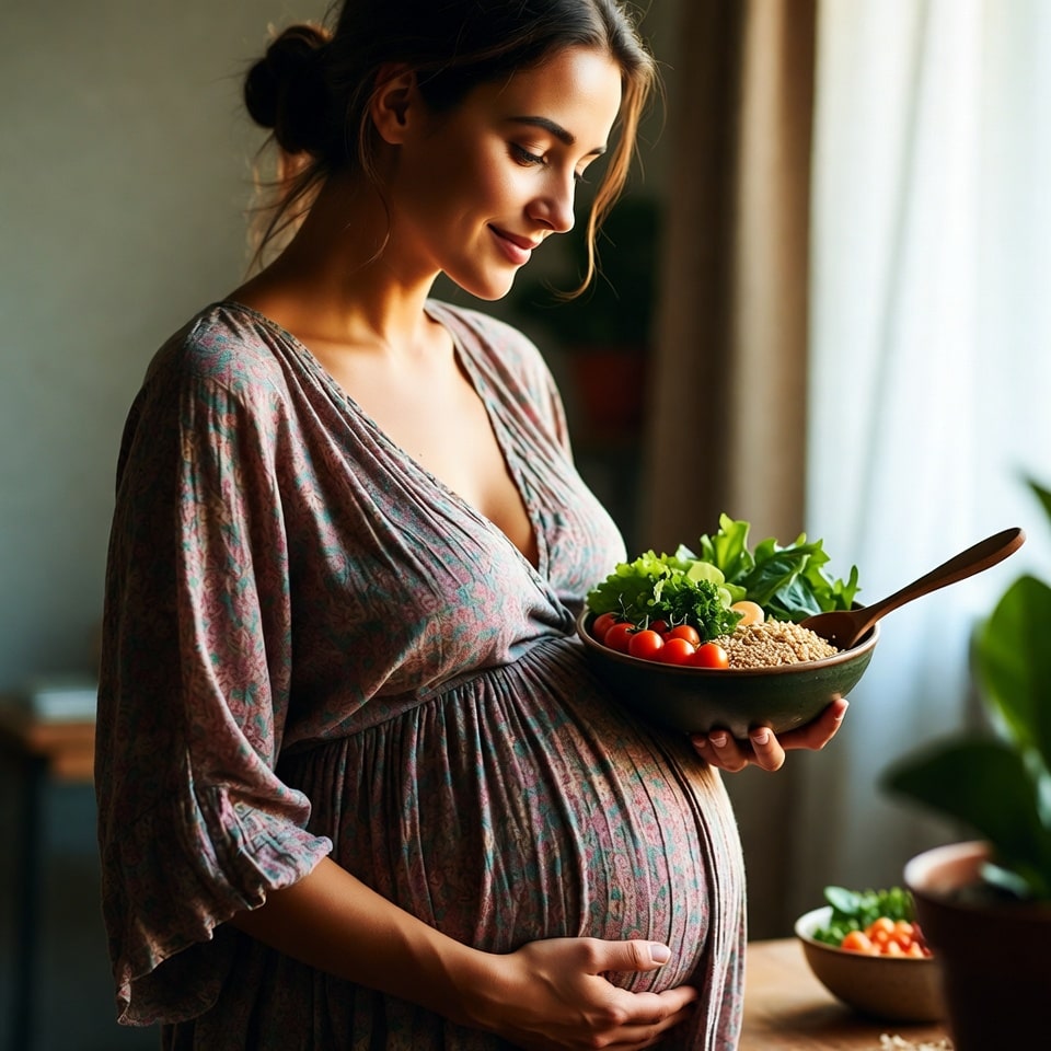 Pregnant mother holding healthy food